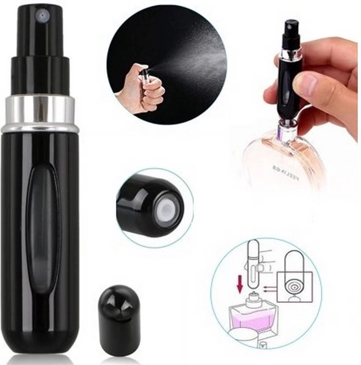 Navulbaar Parfum Flesje - Mini Parfumflesje- Hurbulbaar Parfumflesje- Hervulbare Verstuiver - Zwart - Aluminium - Spray 2 Navulbaar Parfum Flesje - Mini Parfumflesje- Hurbulbaar Parfumflesje- Hervulbare Verstuiver - Zwart - Aluminium - Spray - Afbeelding 2