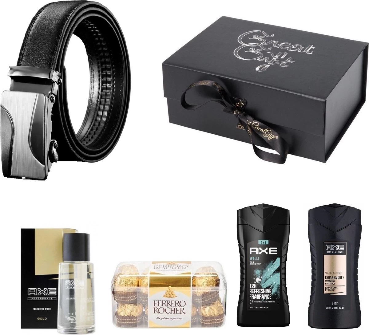 GreatGift® - Cadeaupakket Voor Hem - Met Riem - AXE Parfum - 2x AXE Shampoo - 16x Ferrero Rocher Chocolade 1 GreatGift® - Cadeaupakket Voor Hem - Met Riem - AXE Parfum - 2x AXE Shampoo - 16x Ferrero Rocher Chocolade